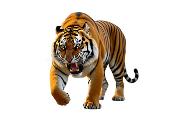 Obraz premium muscular Bengal tiger with its mouth open and teeth bared in a fierce roar on transparent background
