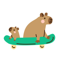 Cute capybaras on skateboard. Hand drawn vector illustration. Funny animal isolated on white. Naive childish design. Cool comic character, kids poster, card, social media banner.