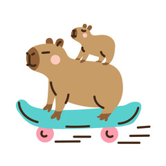 Cute capybaras on skateboard. Hand drawn vector illustration. Funny animal isolated on white. Naive childish design. Cool comic character, kids poster, card, social media banner.