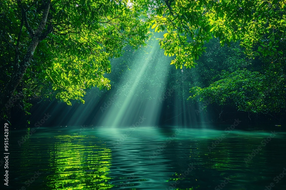 Poster Sunbeams Illuminating a Tranquil Forest River