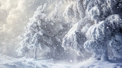Snow-covered trees bending under the weight of the storm, with heavy snowfall and gusty winds creating a dramatic winter scene.