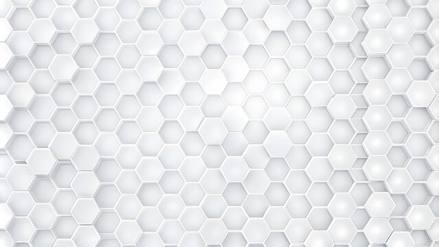White 3D Hexagons Hight Technology Minimalist Abstract Modern Background. Sci-Fi Tech Hexagonal Blocks Structure Conceptual Light Wallpaper In Ultra Definition. Clear Blank Subtle Textured Banner 