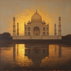 Sunset over the Taj Mahal, with golden light reflecting off the marble surfaces and the Yamuna River nearby