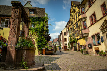 Street view on the beautiful village of Riquewihr in Alsace