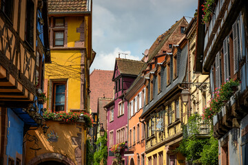 Street view on the beautiful village of Riquewihr in Alsace