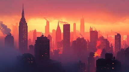 Fototapeta premium The city skyline bathed in the soft light of dusk, with tall buildings standing silhouetted against a sky ablaze with warm colors.