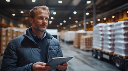A businessman holding a tablet with a blurred background of a bustling warehouse, a large truck, and a massive pile of goods, conveying industrial efficiency