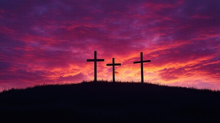 Obraz premium The silhouette of three crosses on a hill, representing crucifixion, against a dramatic sunset sky with vibrant, fiery colors.