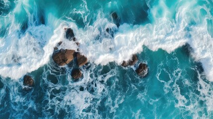 aerial top view background photo of ocean sea water white wave splashing in the deep sea