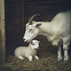 Obraz premium The tender bond between a white goat and her newborn kid, captured in a quiet barnyard scene