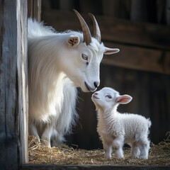 Obraz premium The tender bond between a white goat and her newborn kid, captured in a quiet barnyard scene