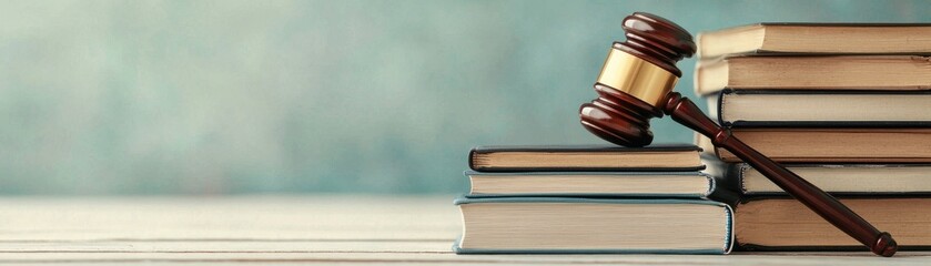 A gavel rests on a stack of law books, symbolizing justice, authority, and the legal profession in a serene background.