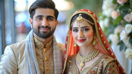 Obraz premium A beautiful portrait of a Muslim couple in traditional wedding attire, capturing the joy and celebration of a wedding day