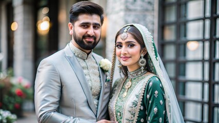 A beautiful portrait of a Muslim couple in traditional wedding attire, capturing the joy and celebration of a wedding day