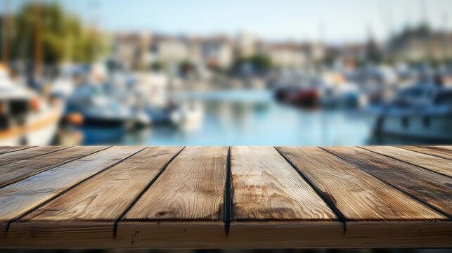 Wooden Table Top with Blurred Harbor Background