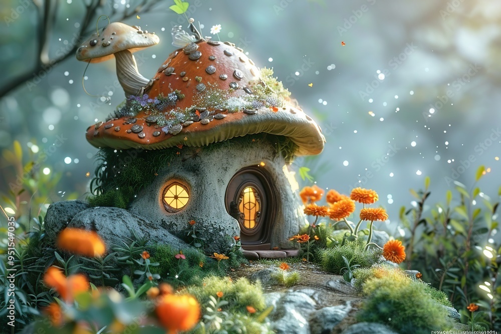 Wall mural Mushroom House in a Magical Forest