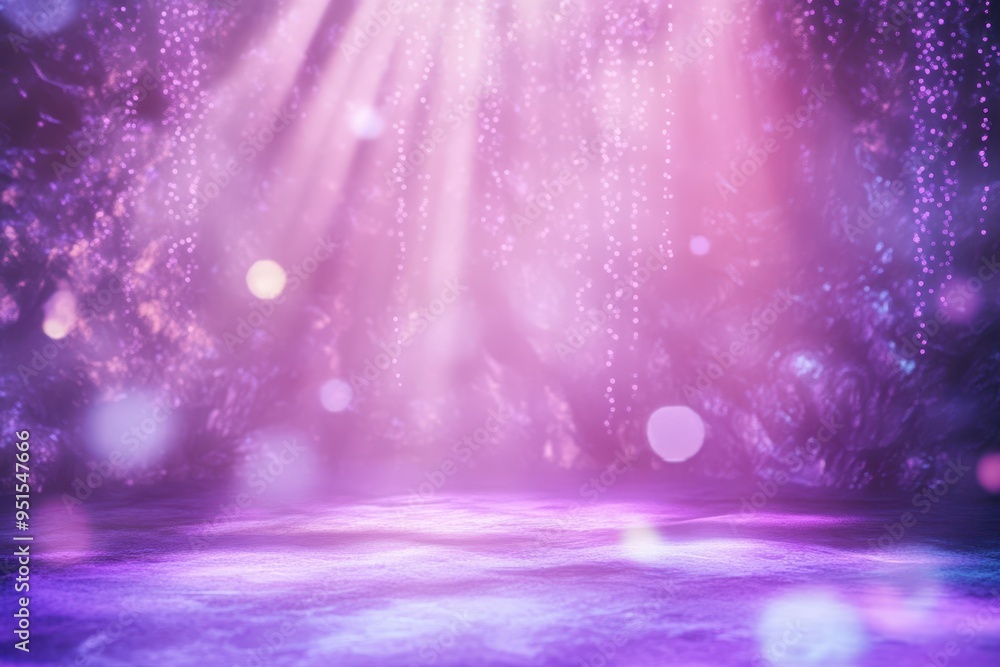 Poster a mystical scene with vibrant purple light rays and abstract bokeh effects, creating an enchanting a