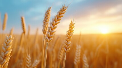 Fototapeta premium Golden wheat field under a beautiful sunset, capturing the essence of nature's bounty and agricultural beauty.