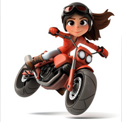 3D cartoon of a girl Moto rider doing a trick on his motorbike, against a solid white background