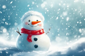 Fototapeta premium Kawaii anime snowman with a carrot nose and a red scarf, surrounded by falling snow