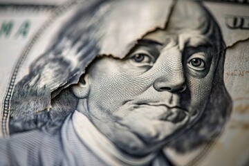 A close-up image of a cracked hundred-dollar bill featuring Benjamin Franklin's face