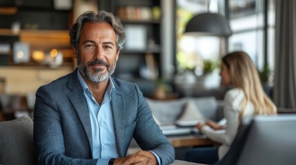 Obraz premium Professional man in a modern workspace with a focused expression, wearing a suit, working alongside a colleague in a well-lit, contemporary office setting
