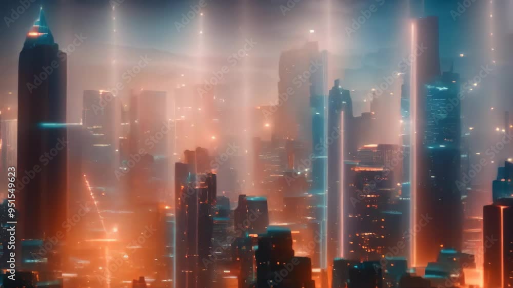 Poster a nighttime view of a futuristic cityscape with skyscrapers illuminated by a decentralized fin netwo