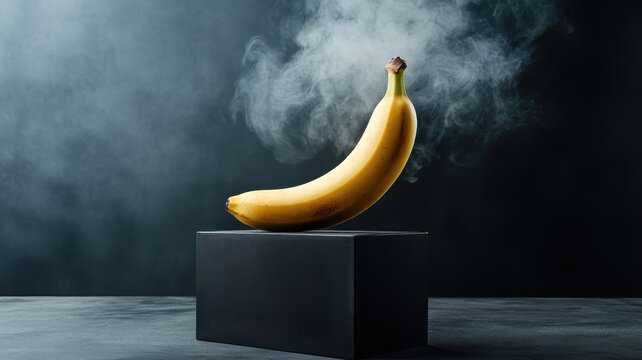 A banana on a black podium with swirling smoke, adding a dramatic and sophisticated touch to its presentation.