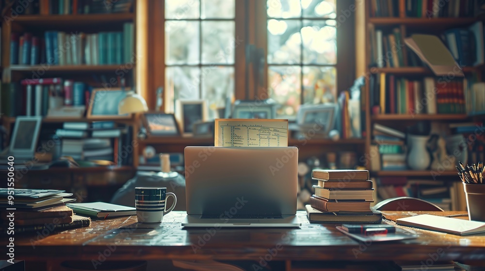 Poster Cozy Workspace with Laptop and Books