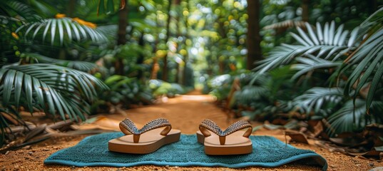 Obraz premium Tropical vacation vibes flip flops on a blue towel amidst sandy beach and lush palm leaves