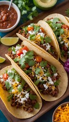 Delicious tacos filled with meat and vegetables served