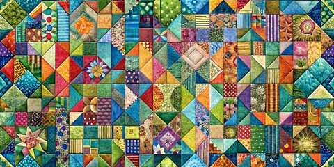 Naklejka premium Vibrant Colorful Geometric Patterns Textile Design Quilt Fabric Art