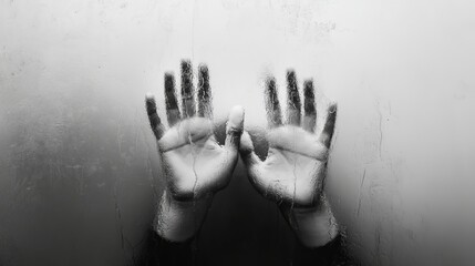 Frosted glass with hands in greyscale - representing fear and haunting dreams