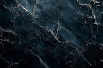 Abstract blue marble texture background with white and black veins.  AI generation.