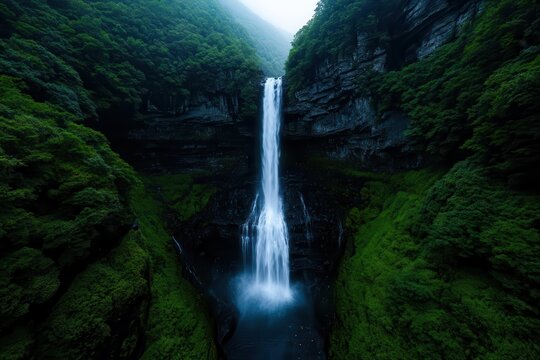 Serene waterfall cascading down mossy cliffs, surrounded by lush greenery in a misty environment, perfect for nature lovers.