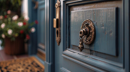 Close-up of a house's front door with a detailed knocker and a welcome mat, focusing on the texture and design.