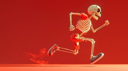 A skeleton in athletic wear running energetically against a red background