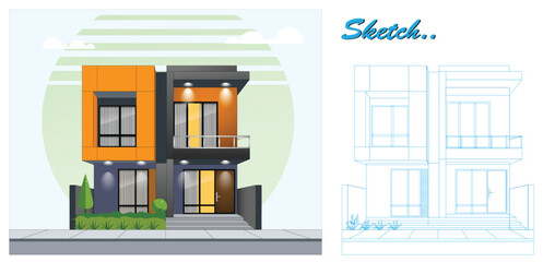Fototapeta premium An Illustration of Modern Minimalist Template House Design with Blueprint Sketch, featuring a clean and contemporary two-story structure.