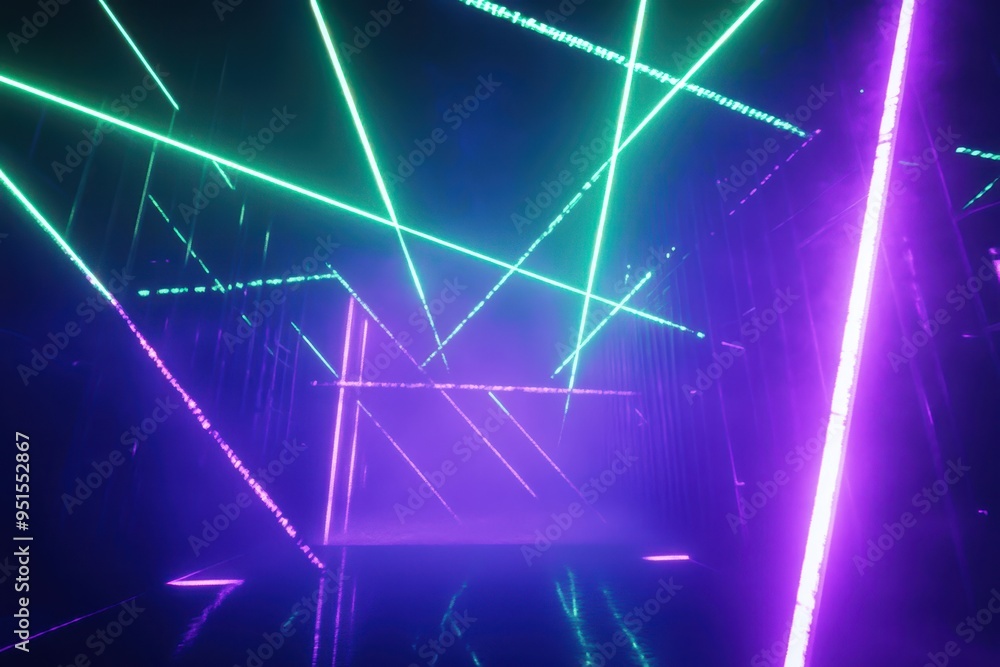 Poster a vibrant laser light display in a foggy environment, showcasing neon colors and dynamic patterns fo