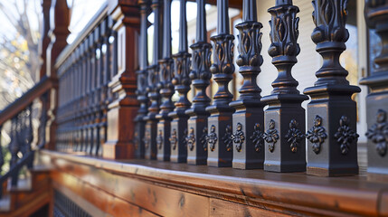Close-up of the porch railing with ornate details, highlighting the woodwork or metal design.