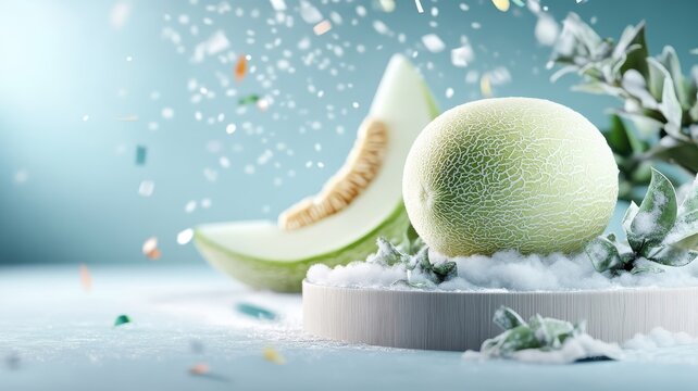 Honeydew melon on a snow-covered podium with swirling confetti, blending the fruit’s light green color with a festive wintery backdrop to create a cheerful, seasonal scene.