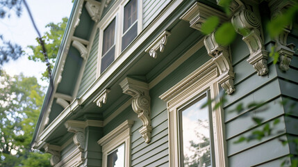 A close-up shot of the house's eaves with decorative corbels or brackets, showing the architectural style.