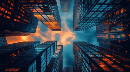 A view of a high rise glass building and a dark steel window system on a blue clear sky background. A business concept of future architecture, looking up to the sun's light on top of the building. 3D