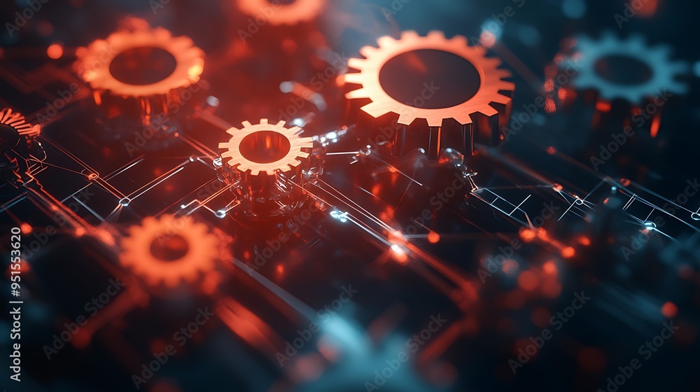 Poster interlocking gears illuminated with red and blue light on a circuit board