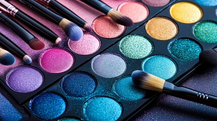 Vibrant eye shadow palettes with makeup brushes, ideal for beauty blogs, cosmetic advertisements, and makeup tutorials