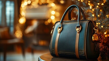 Elegant leather handbag sits on a wooden table with festive golden bokeh lights in the background, perfect for advertising luxury fashion accessories, holiday marketing, and gift guides,