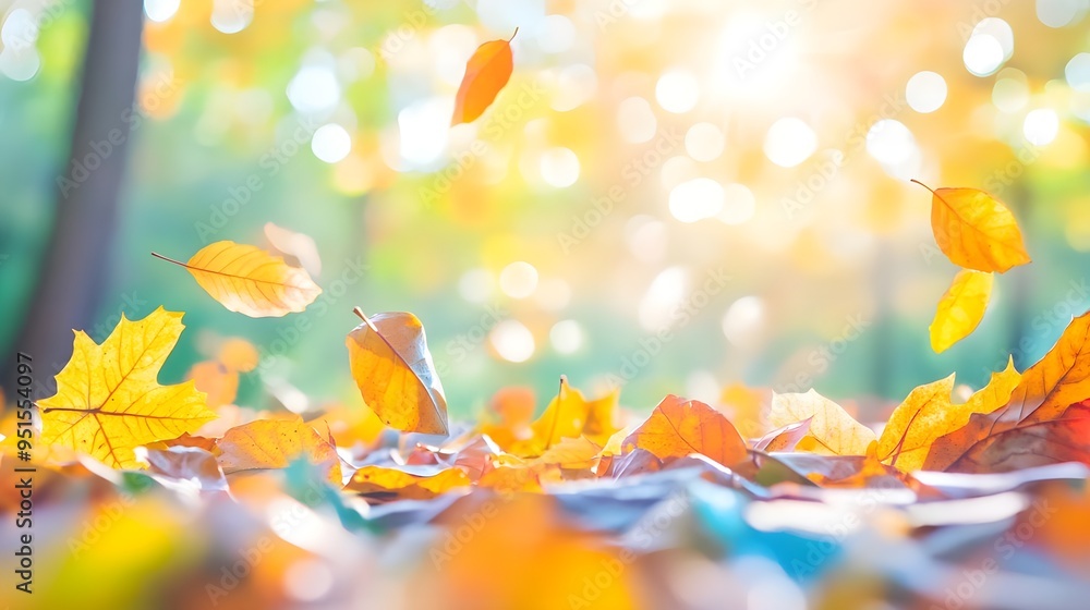 Wall mural Autumn Leaves Falling in Sunlight, Golden Bokeh Background