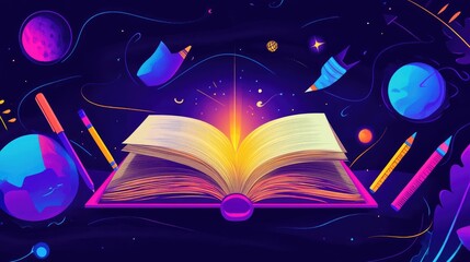 Open book with glowing light in the middle on a black background with colorful shapes.