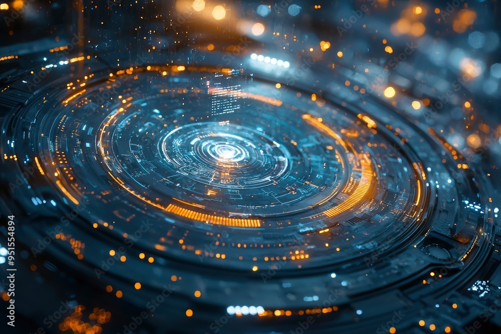 Poster abstract futuristic circular technology interface with glowing lights