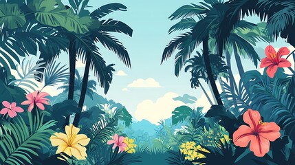 Lush Tropical Forest with Vibrant Flowers and Palm Trees